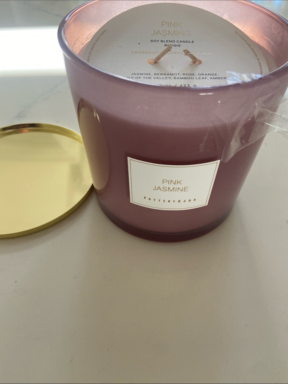 Pottery Barn Pink Jasmine Three-Wick Candle - Pink and Gold